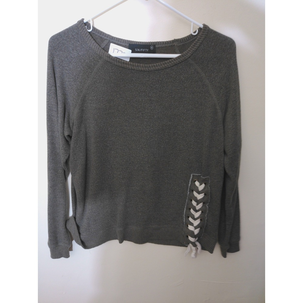 SIX/FIFTY Pullover Top Women M Olive Green Lace Up Side Casual Marled Knit